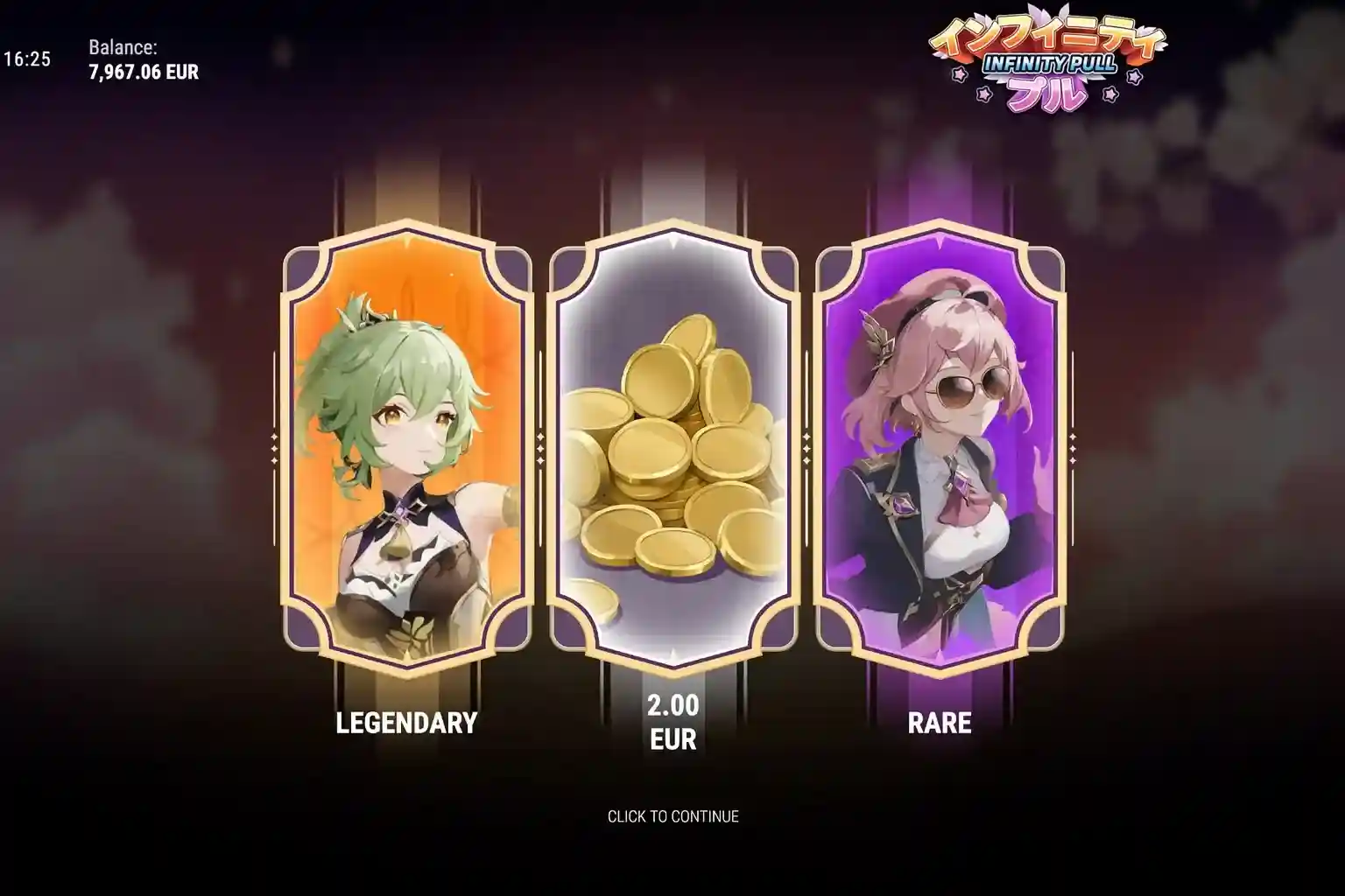Resultado de um sorteio no jogo de gacha Infinity Pull, revelando três recompensas: uma carta de personagem de raridade Lendária, um prêmio em moedas no valor de 2.00 EUR e uma carta de personagem Rara.