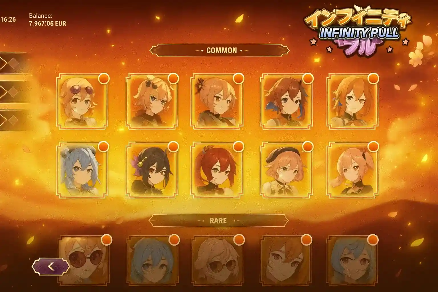 Interface do jogo Infinity Pull mostrando a coleção de personagens do jogador, dividida em raridades Comum e Rara. Vários retratos de personagens de anime estão visíveis na grade de seleção, prontos para serem escolhidos.