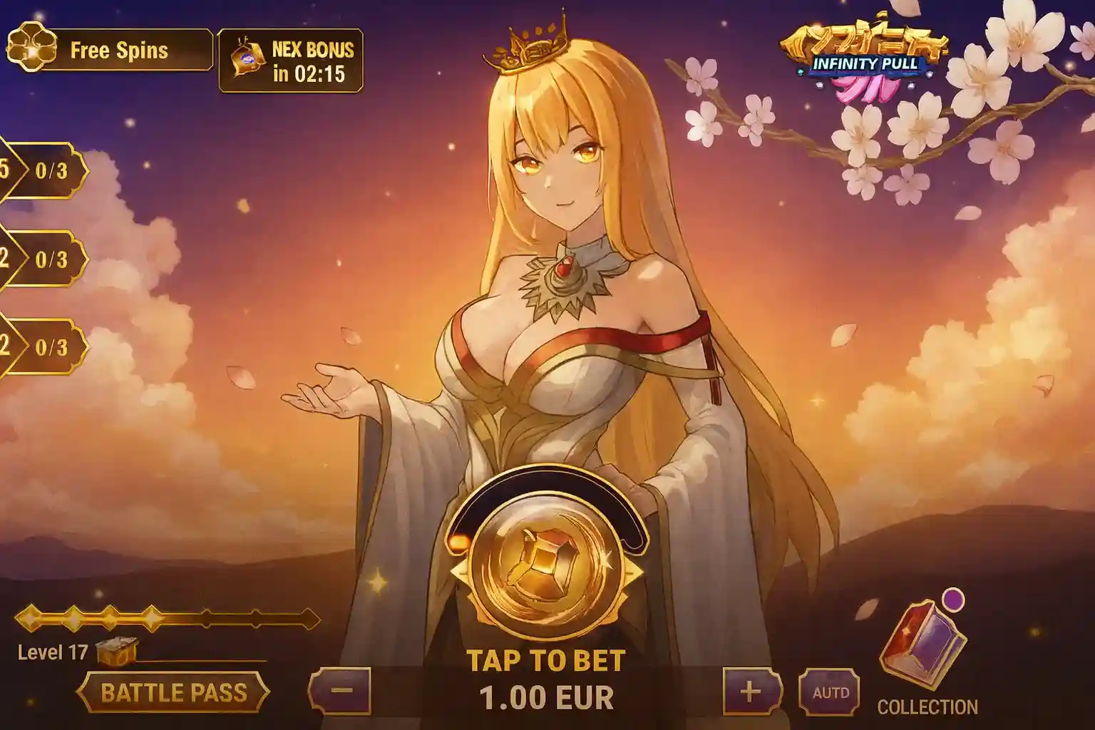 Interface de jogo do Infinity Pull mostrando o progresso do jogador no Nível 17. A tela exibe o botão TAP TO BET de 1.00 EUR e informações sobre bónus, Free Spins e o Battle Pass, com a personagem rainha ao fundo.