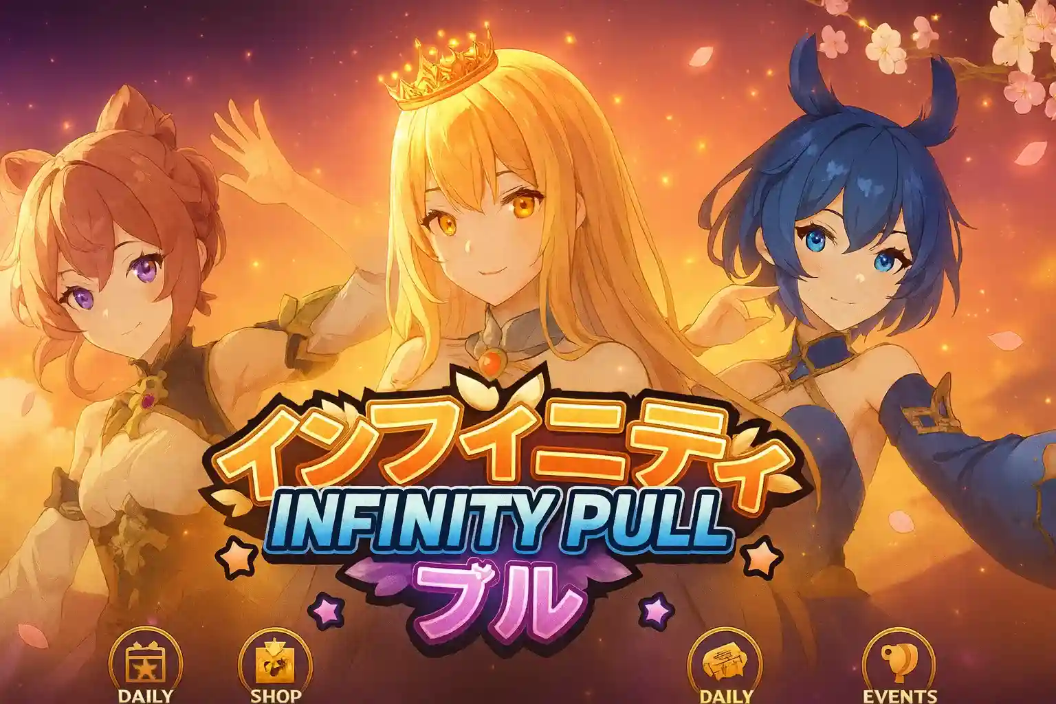 Tela de título do jogo de gacha Infinity Pull com três personagens de anime. No centro, uma princesa loira com uma coroa, ladeada por duas outras heroínas, uma com cabelo castanho e orelhas de gato e outra com cabelo azul.