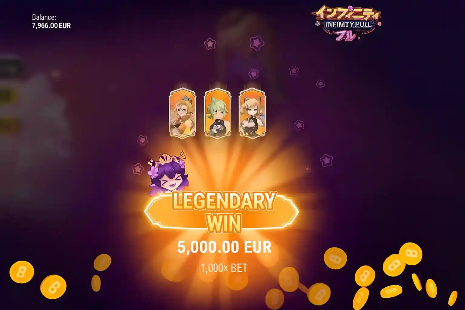 Tela de Vitória Lendária no jogo Infinity Pull, celebrando um grande prêmio de 5.000,00 EUR. A imagem mostra um multiplicador de 1.000x a aposta, ícones de personagens e moedas de ouro caindo para comemorar o ganho.