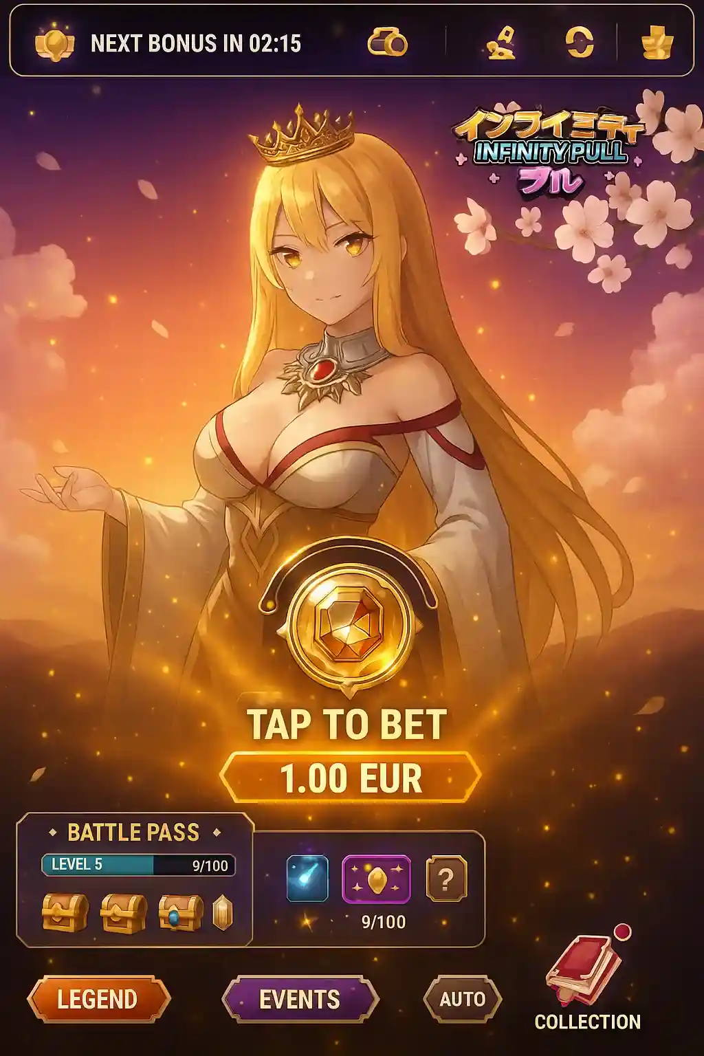 Tela principal do jogo Infinity Pull, com a personagem da princesa em destaque no fundo. O botão central TAP TO BET indica uma aposta de 1.00 EUR. Menos como Battle Pass, Events e Collection são visíveis na parte inferior.